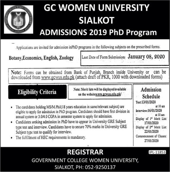 Government College Women University Admissions 2020| BIOCONCERN