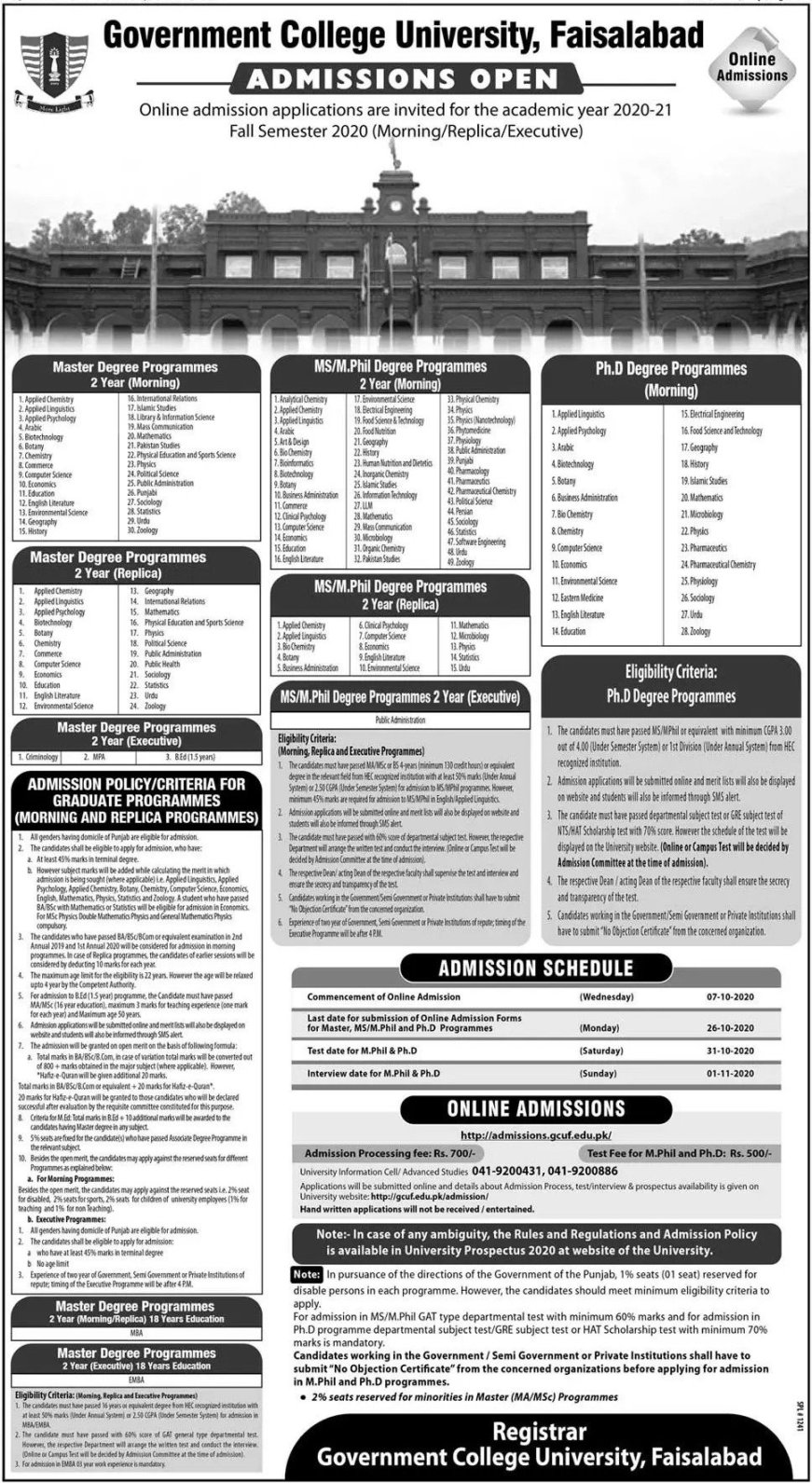 GCU Faisalabad admission 2020 MS / M.PHIL (18 years) admission