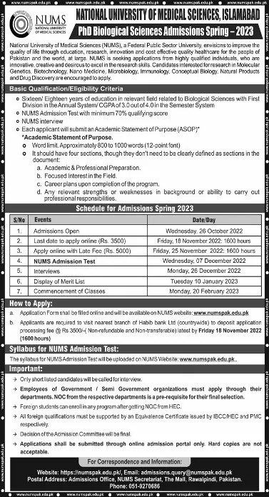 NUMS Admission 2022 for PhD Programs