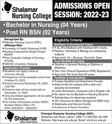 Shalamar Nursing College SNC Lahore BS Admission 2023