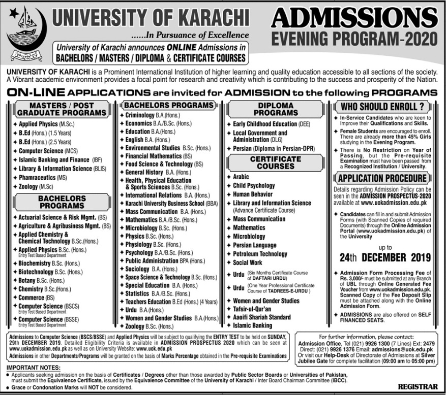 University Of Karachi Uok Karachi Admission 2019 Master Ma Msc