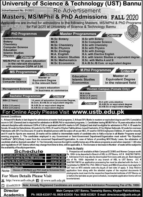 Ust Bannu Admission 2021 Master Ma Msc Admission