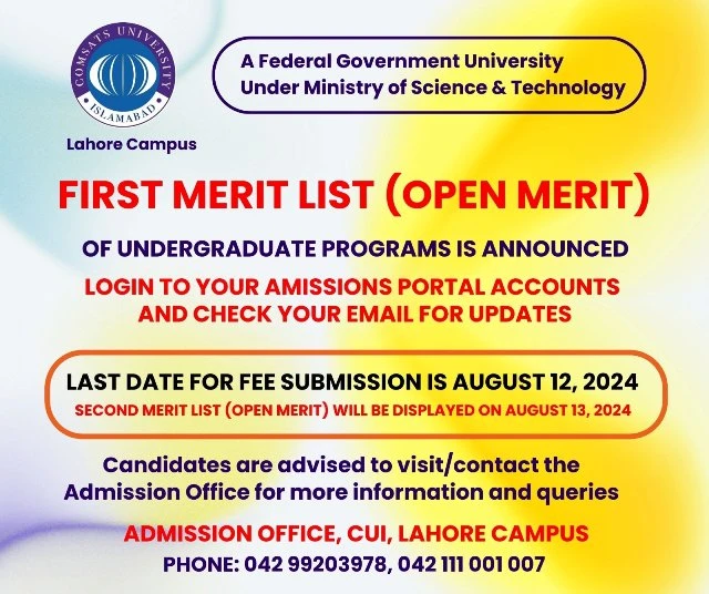 COMSATS Lahore Merit List 2024