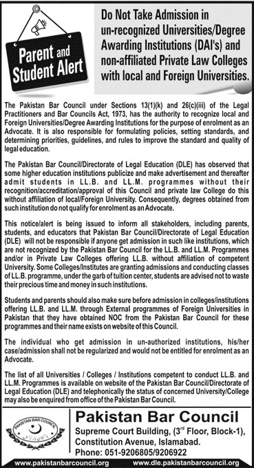 PBC announces List of Recognized LLB Universities