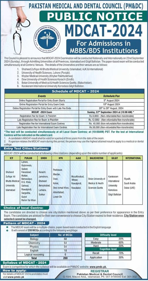 PMDC MDCAT 2024 Online Registration 