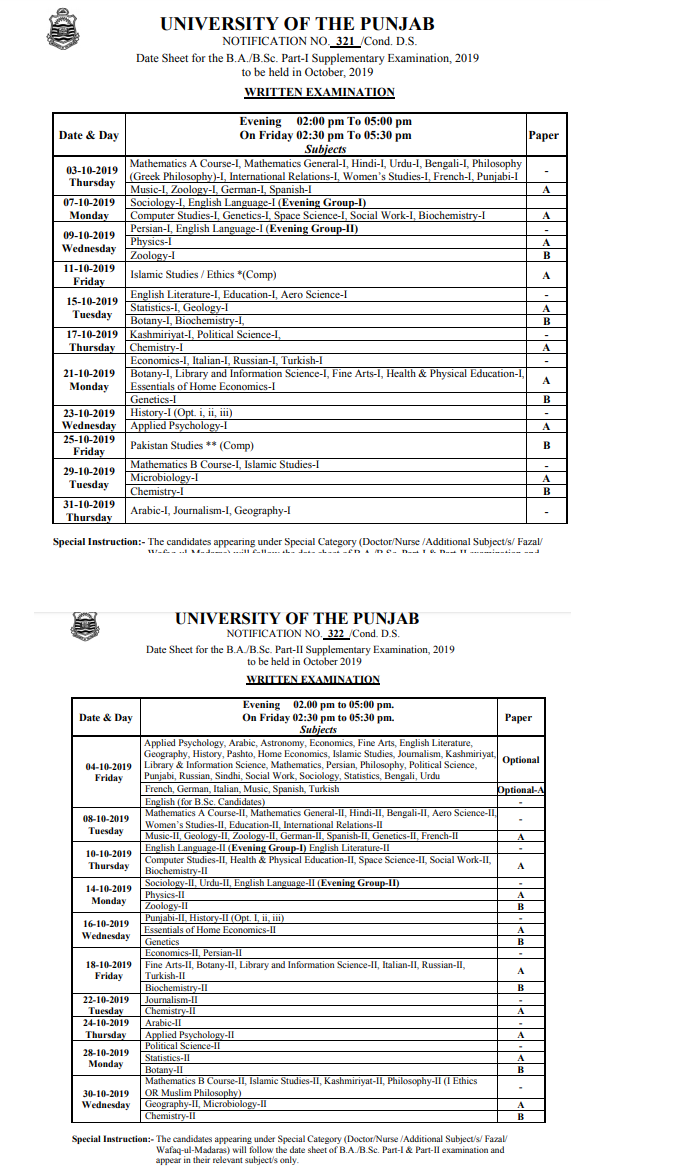 Pu Ba Bsc Supply Date Sheet 2019 Announced