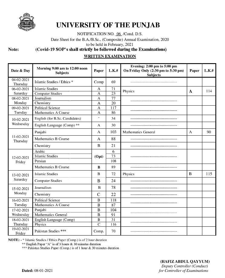 punjab-university-pu-ba-bsc-part-1-part-ii-date-sheet-2021