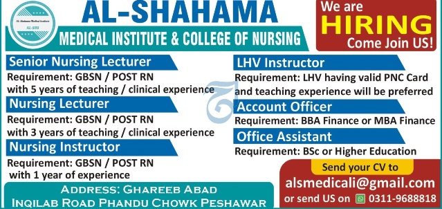 Al Shahama Medical Institute of Nursing Peshawar announces Teaching