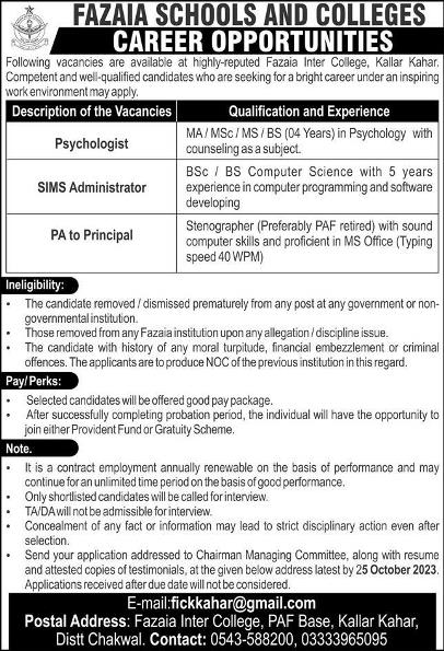 Fazaia School & College Kallar Kahar Announces Admin & Staff Jobs 2023