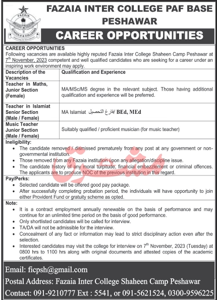 Fazaia Inter College Peshawar Announces Teaching Jobs 2024