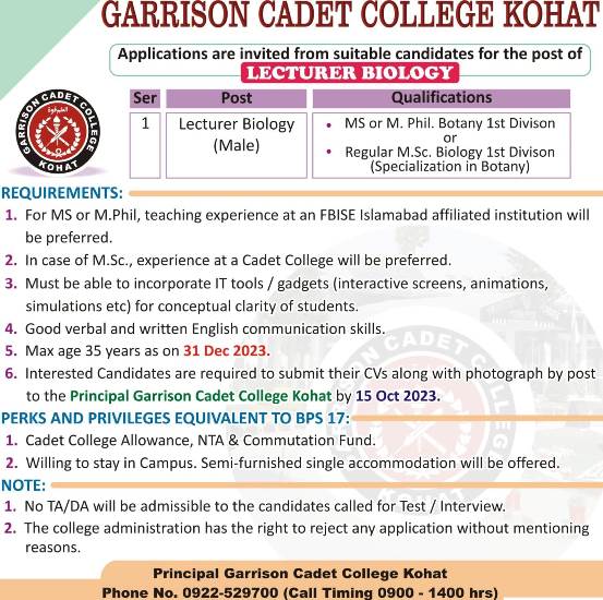 Garrison Cadet College Kohat announces Lecturer Biology Job 2023