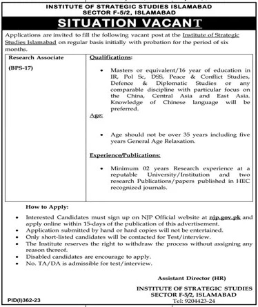 research associate jobs in islamabad