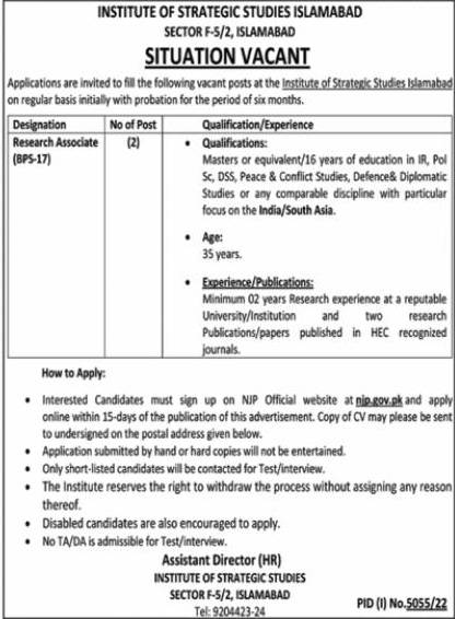 research associate jobs in islamabad