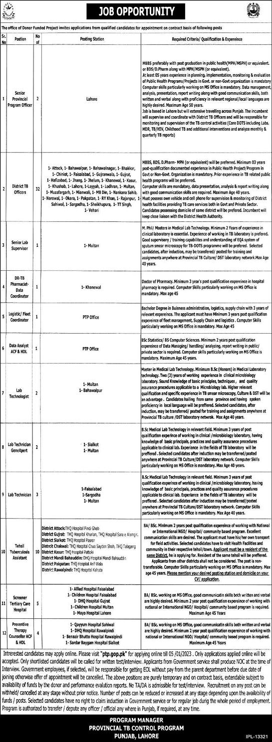 Provincial TB Control Program Announces Medical Offers And Technician   Ptbp Lahore Jobs 23 12 22 