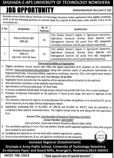 University of Technology Nowshera announces Directors Jobs 2024