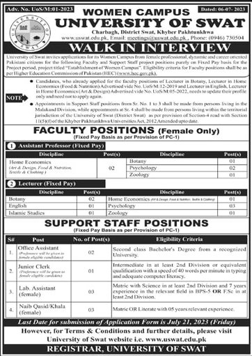 University of Swat Women Campus announces Female Faculty Jobs 2024