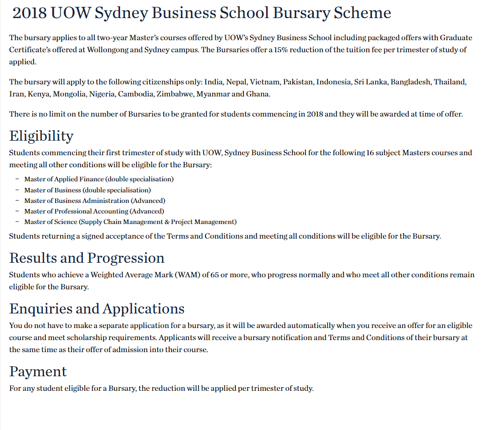 Uow Sydney Business School Bursary Scheme In Australia, 2018