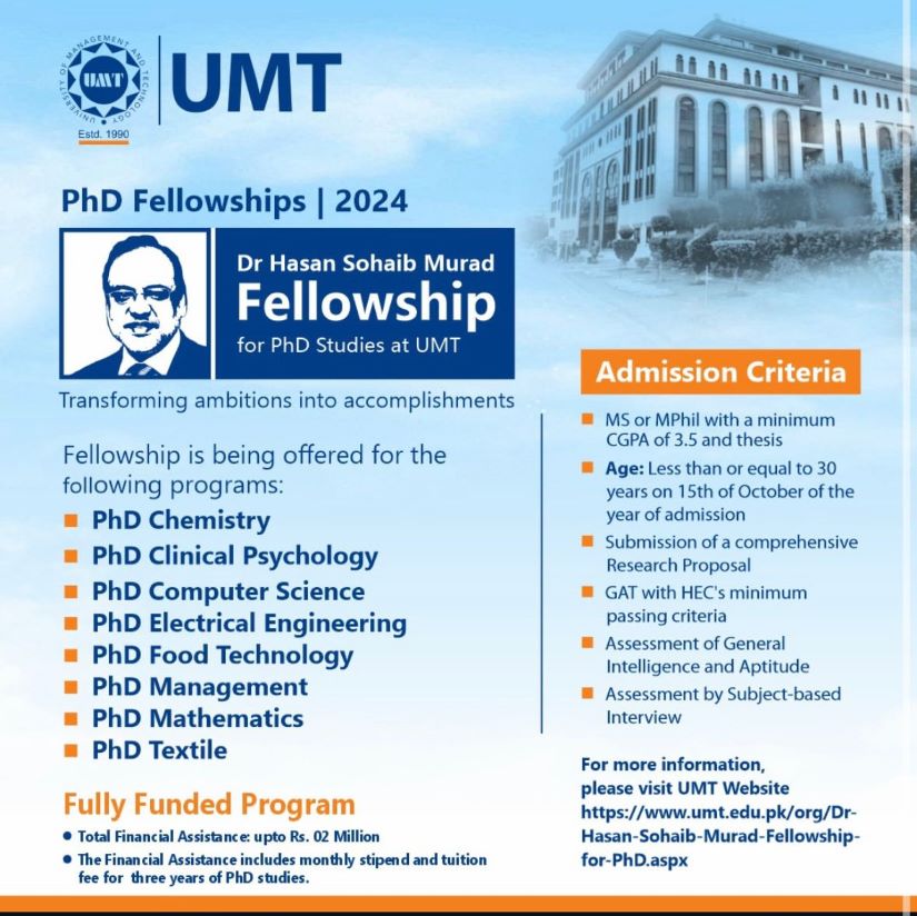 Umt Announces Dr. Hasan Sohaib Murad (hsm) Phd Fellowship Program