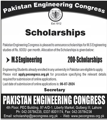 Pakistan Engineering Congress Pec Scholarship